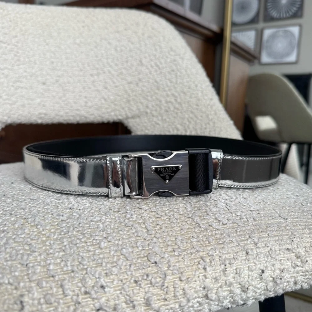 Prada Metallic Spazzolato Leather and Woven Tape Belt